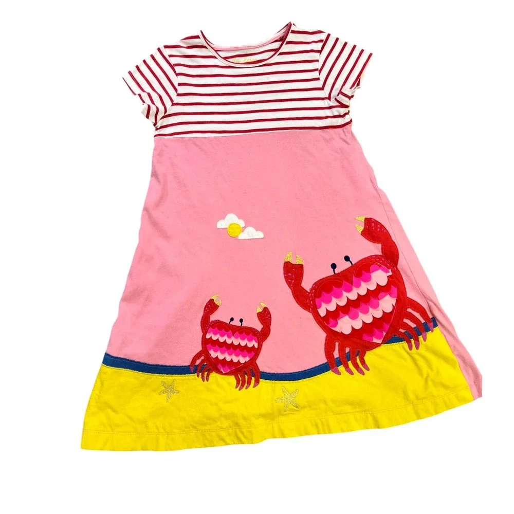 Mini Boden Girls Pink Red Striped Crab Applique Jersey Dress Size 11-12Y 152cm